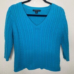 August Silk Cable Knit V-Neck Cotton Sweater Womens XL‎ Blue